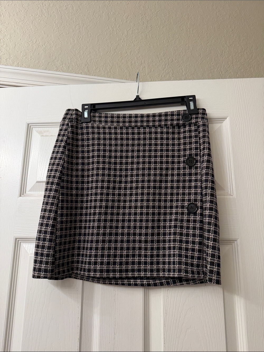Pink Rose Black & Cream Checked Mini Skirt with Side Buttons